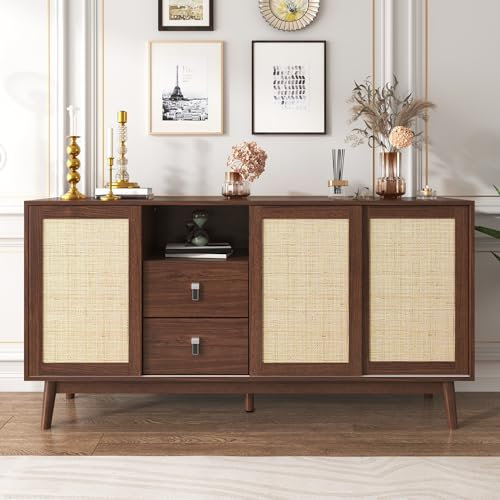 Enfilade avec 3 Portes coulissantes en rotin véritable et 2 tiroirs Espace de Rangement Commode pour Salon Chambre Salle à Manger Meuble de Cuisine Buffet Marron 155x38x80 cm