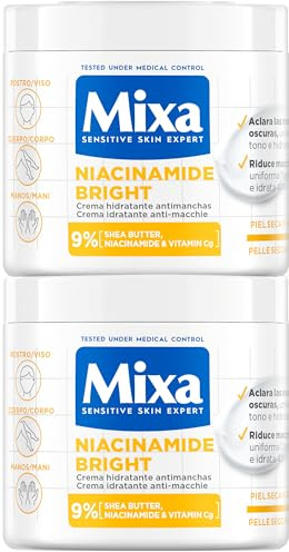 Mixa Pack Ahorro Crema Corporal Niacidamide Bright para pieles apagadas con 9% de [Manteca de karité + Niacinamida + Vitamina Cg]. Aclara las manchas oscuras. Apta para pieles sensibles. 400 ml x2.