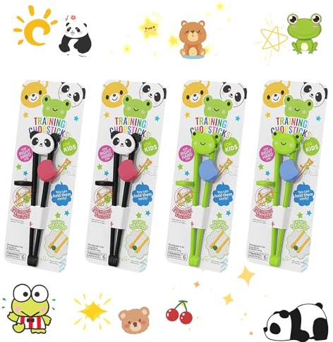 virkwuy 4 Stück Essstäbchen Kinder, Sushi Stäbchen Kinder, Panda und Bär Chopsticks, Geeignet für Kinder, Kleinkinder und Anfänger, mit einem Tropffreien Design für Einfaches Greifen (Panda、Frosch)