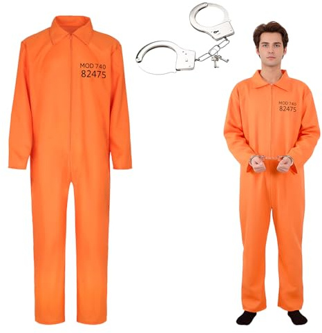 Dcsfadq Sträfling Kostüm Herren, Orange Prisoner Overall mit Handschellen, Gefängnis Häftling Cosplay Gefangener Kostüm für Erwachsene Damen Halloween Karneval Mottoparty (XL-XXL)