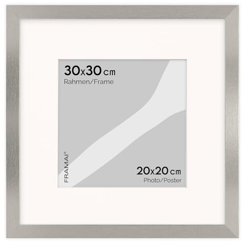 FRAMAI® Cadre photo 30x30 cm en argent – avec passe-partout – Cadre en bois MDF, plexi incassable, écologique, avec suspension et support – Format portrait et paysage
