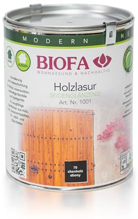 BIOFA Holzlasur seidenglänzend Nr. 1001 Farbe EBENHOLZ, 1 Liter, Grundierung und Endbeschichtung für Möbel, Innenausbau, Bauteile und Spielgeräte