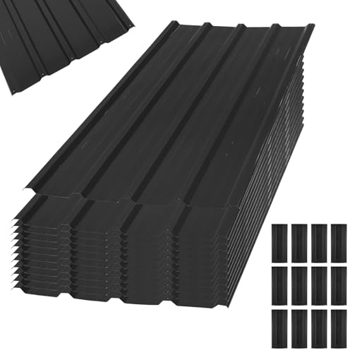 12pcs Galvanised Metal Roofing Sheets, Metal Corrugated Garage Carport Shed, 110x45cm Trapezoidal Grooved Roof Waterproof Tiles, Shed Roof Covering, 7m² Cladding Walling Sheeting for Garage/Greenhouse