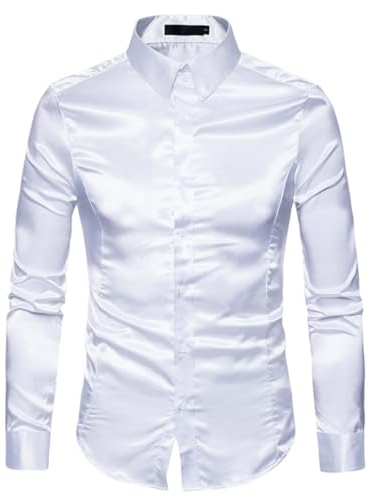 Camisas de vestir para hombres,Camisetas satén brillante de mangas largas, camisas ajustadas con botones textura suave anti-arrugas, blusas casuales con cuello alto sólido para bailes clubes nocturnos