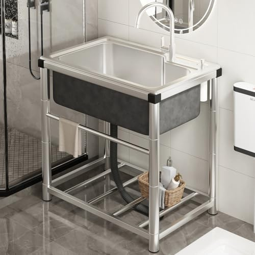 SQYHYTS Fregadero Independiente De Acero Inoxidable con Grifo De Agua Fría Simple Y Estante De Almacenamiento Industriales para Exteriores Fregaderos De Interior,Exterior para Lavadero,55 * 40 * 75cm