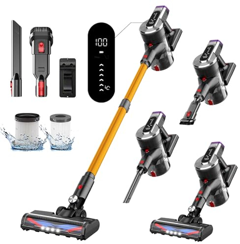 Hearten Akku Staubsauger Kabellos 45000Pa/550W Akkusauger Leise - Bis zu 60 Min Laufzeit mit LED Display und Anti Tangle Bürste Für Tierhaare Hartböden Teppich, Gold
