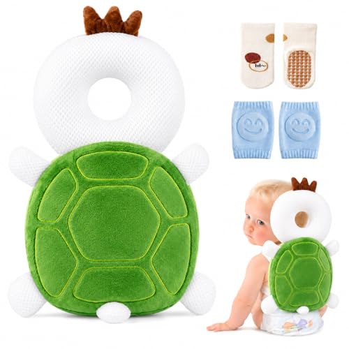 Viondra Baby Head Protector Backpack for 5-24 Months, Turtle | Soft Baby Head Protection Backpack with Adjustable Straps, Knee Pads and Socks for Crawling Babies Aged 5-24 Months