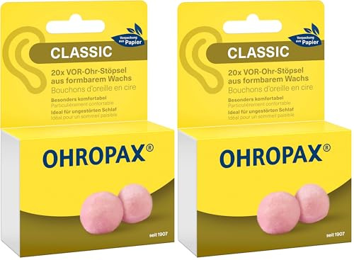 OHROPAX Classic Ohrstöpsel – VOR-Ohr-Stöpsel zum Schutz vor Lärm, Nässe und Wind – aus formbarem, anschmiegsamen Wachs – bequem und für alle Ohren geeignet – Schalldämmwert SNR 21 dB – 20 Stück