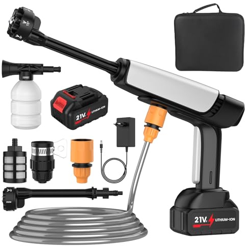 Limpiador de alta presión inalámbrico, 50 bar limpiador de alta presión con batería con 2 x 3,0 Ah baterías, boquilla 6 en 1, caudal 6 l/min, 2 niveles de presión, para limpieza de riego (1 batería