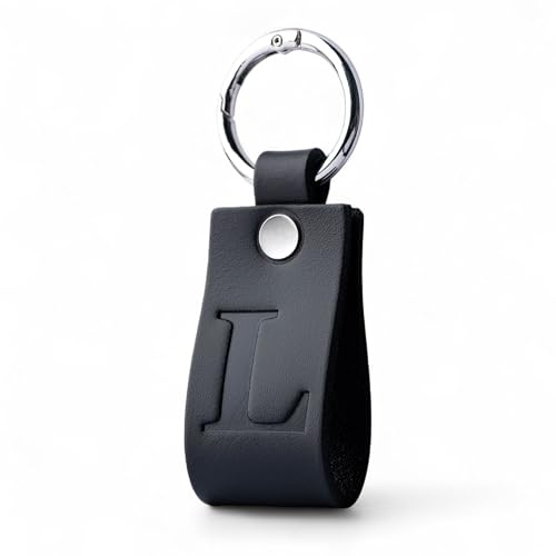 Full Grain Leather Alphabet Letter Keyring for Men & Women, Personalised Initial Keychain for Car & House Keys, Matte Black, Hot Embossed, Premium Gift (L)