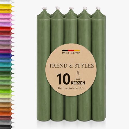 10 Spitzkerzen durchgefärbt (180x22mm) | RAL Stabkerzen mit 8h+ Brenndauer | Ohne Tropfen & Rußen | Tafelkerzen für Leuchter | Made in Germany (Salbei)