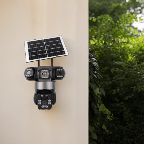 ReachMall 4K Solar Überwachungskamera Kabellos, 3 Objektiv 360°PTZ Aussen mit Nachtsicht, IP66 Wasserdicht, 8000mAh Akku für iOS Android