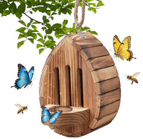 YOFHPT Schmetterlingshaus, Schmetterlingshotel aus Holz mit Seil & Futterstation, Bienenhotel Wetterfest, Wildbienen Nisthilfe, Insektenhotel für Bienen, Marienkäfer, Schmetterling Garten
