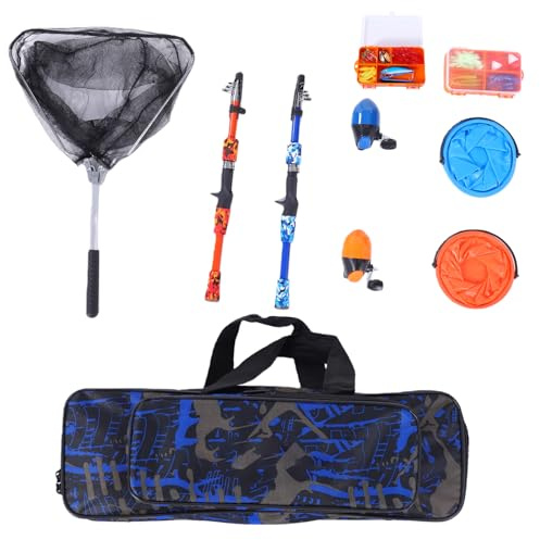 Keenso Canne à Pêche Télescopique Compacte et Moulinet pour Enfants, avec Moulinet en Carbone, étui de Voyage Pliable et Leurres, Bleu Orange (Ensemble)