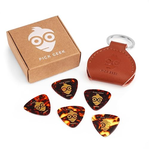 Pick Geek Leather Pick Holder Keyring | 100% Handmade Real Leather | Dark Brown | Includes 5 FREE Pick Geek Celluloid Triangle Picks | Shipped in a Kraft Gift Box