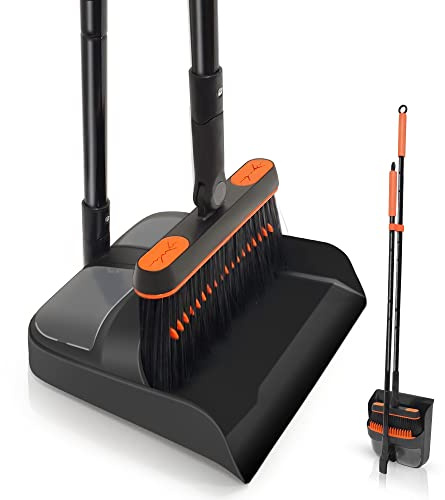 JEHONN Broom and Dustpan Set for Home, Long Handle Lightweight 180 Degree Rotating Broom Set Indoor, Upright Standing Dust Pan with Comb Teeth, Store Sweep Set for Room Kitchen Office Lobby