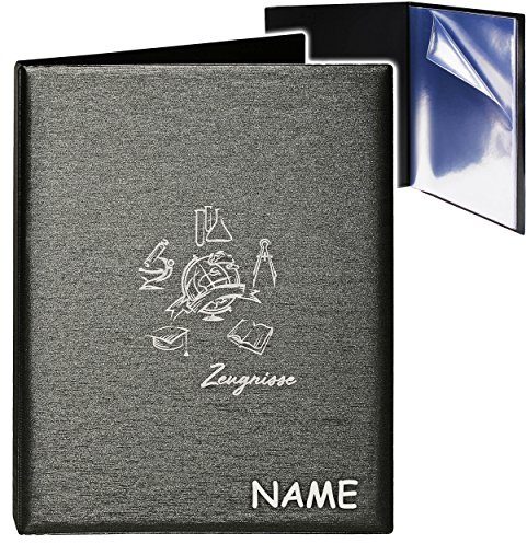 alles-meine.de GmbH A4 - Zeugnismappe/Dokumentenmappe - Zeugnisse Globus & Erde - 3D Metallic Effekt - schwarz/anthrazit - inkl. Name - GEBUNDEN mit 20 festen Seite..