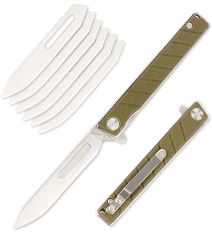 TENCHILON T35 Small Slim Folding Pocket Scalpel Knife, 6pcs #60 Replaceable Blades, Gentleman's Flipper Scalpel EDC Utility Knives with Pocket Clip (Army Green G10 Handle)