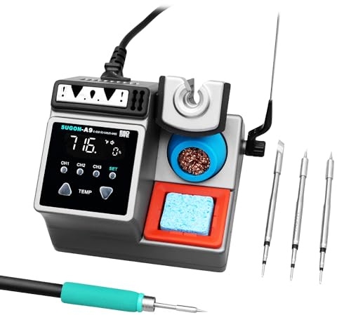 SUGON A9 245 Soldering Station, 120W Soldering Iron Station Kit,3 Seconds Fast Heating up 716℉, 212℉-842℉, 3 Temperature Storage, ℃/℉, 3 Soldering Iron Tips, Quick Change Soldering Iron Tips Holder