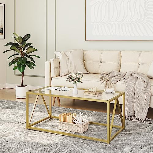 HOOBRO Glass Coffee Table, Gold Coffee Tables for Living Room, Gold Glass Coffee Table,1 Layer Center Table, Modern, for Apartment, Office, 39.4 x 19.7 x 17.7 Inches, Easy Assembly, Golden GD04KF01