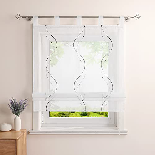 Heichkell Raffrollo mit Schlaufen Voile Tranparent Vorhang Bestickt Modern Raffgardine für Küche Wohnzimmer Schlafzimmer Grau BxH 140x140cm