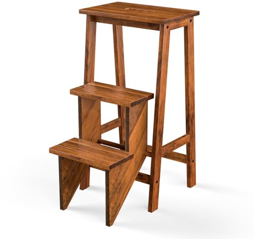 DORTALA 3 Tier Folding Step Stool, Rubber Wood Multifunctional Ladder Chair Bench, Portable Utility Seat, Flower Rack, 200 Lbs Capacity, Ideal for Library, Home (Brown)