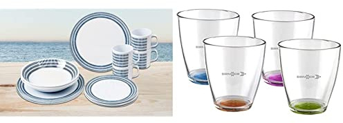 BRUNNER Set stoviglie da Campeggio (Set 16 Pezzi) per 4 Persone - Melamine Set Bluebay - in melamina di Alta qualità, Antiscivolo e Resistente & Set Tahiti Color antislip