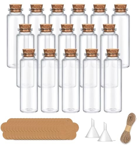 Yagaspantery 16 Stück 17ml Mini Glasflaschen,Kleine Glasflaschen Kit mit Korken und Etikett,Trichter,Hanfseil. Gewürzgläser für Hochzeitsdeko,Handwerk DIY Dekoration und Gastgeschenk