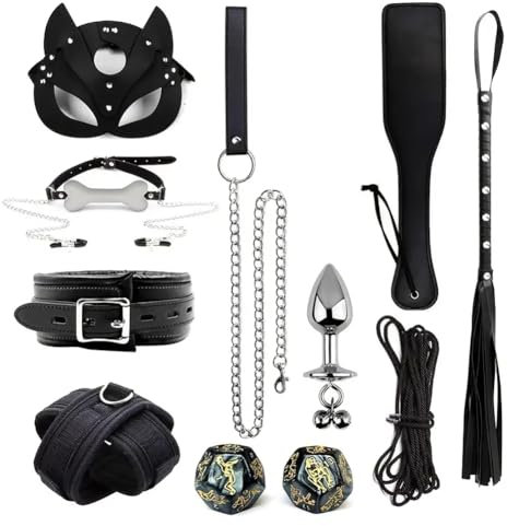 HAZURE Set da 11 Pezzi di Giochi di Ruolo, tra Cui Maschere di Volpe, Giocattoli in Pelle, Corde di Seta, Dadi, collari, fruste, Racchette in Pelle, collane da Donna, ECC.