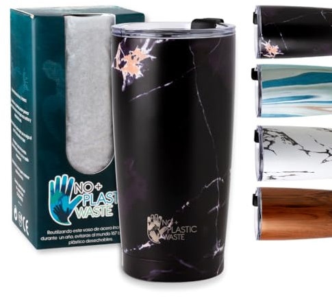 No + Plastic Waste VASO TERMICO GRANDE 600ml- mantiene frío y calor. Taza Termica cafe para Llevar - Vaso Termico Cafe - Taza Termica acero inoxidable (Negro WAITOMO)