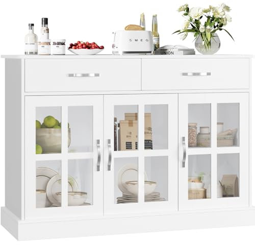 FirFurd 120cm White Sideboard, Living Room Cabinets, Kitchen Sideboard, Display Cabinet with 3 Glass Doors 2 Drawers and Adjustable Shelves Wooden 120x40x84cm