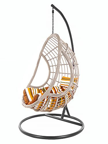 Kideo Komplettset: XXL Hängesessel mit Gestell & Kissen, Korbsessel, Poly-Rattan, grau-beige (Kissen: Chesterstepp gestreift [8640 Retro Stripes], Korb: grau-beige Melange, Gestell: dunkelgrau)
