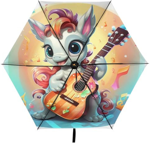 Linnyio Süßes Gitarren Einhorn Taschenschirm, UV-Schutz, Kompakter Reiseschirm, Sonnenschutz für Jungen und Mädchen