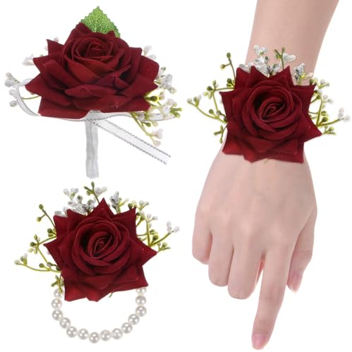 M METERXITY Handgelenk-Korsage und Ansteckblumen-Set Künstliche Rot | 1-Set, Rosenblume Braut-Handgelenk- und Bräutigam-Korsage