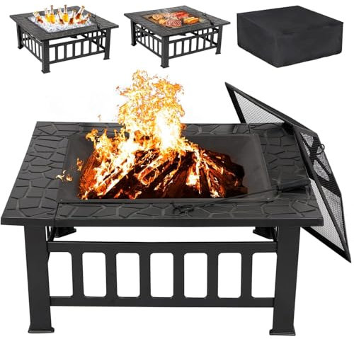 Feuerschale mit Grillrost und Funkenschutz, 3 in 1 Feuerstelle Outdoor Quadratisch mit Abdeckung, Feuerschalen für den Garten, BBQ, Camping, Feuerkorb für Terrasse Heizung