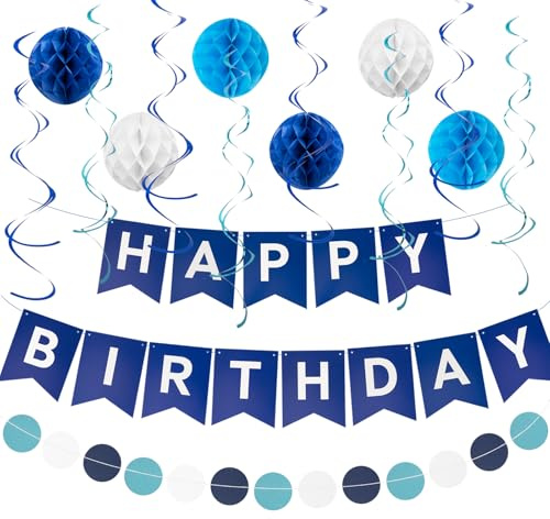 Kriovoa Navy Blue Happy Birthday Banner, Happy Birthday Decorations for Boys, Men, Blue Birthday Banner Bunting with Honeycomb Ball, Streamer for Birthday Party Decoration.
