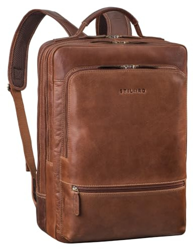 STILORD 'Christian' XL businessryggsäck män och kvinnor läder laptopryggsäck 15–17,3 tum vattentät läderryggsäck stor dagsryggsäck vintage arbetsryggsäck äkta läder, Cannes - brun, L