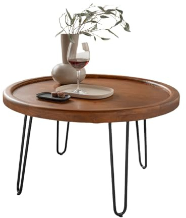 Liadomo Couchtisch rund, Bettina, 80 cm, Holz | Wohnzimmertisch, Tischplatte Akazienholz massiv, nussfarben, Metallgestell schwarz, langlebig, robust, pflegeleicht
