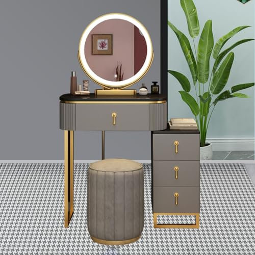 USFJATI Schminktisch mit Schubladen Schminktisch mit Schminkspiegel gepolstertem Hocker und Beistellschrank Modern Kosmetiktisch for Schlafzimmer for Frauen und Mädchen(Gray,70cm/27.5in)