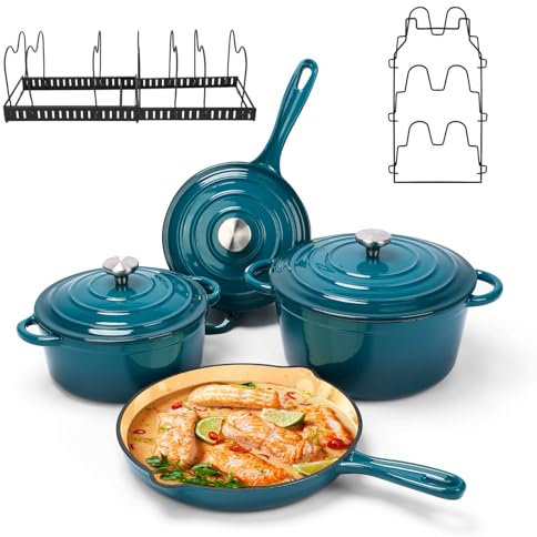 Denmay Set di pentole in ghisa smaltata con coperchio, 7 pezzi, antiaderente, per tutti i tipi di fornelli e induzione, set di utensili da cucina con organizzatore, colore ciano