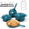 Denmay Emaille Gusseisen Kochgeschirr Set - 7-teiliges inkl. Dutch Oven, Bratpfanne, Schmortopf, Soßentopf, 3 Deckel, Backen Holländisches Ofen-Set für alle Herdarten geeignet mit Organizer, Zyan