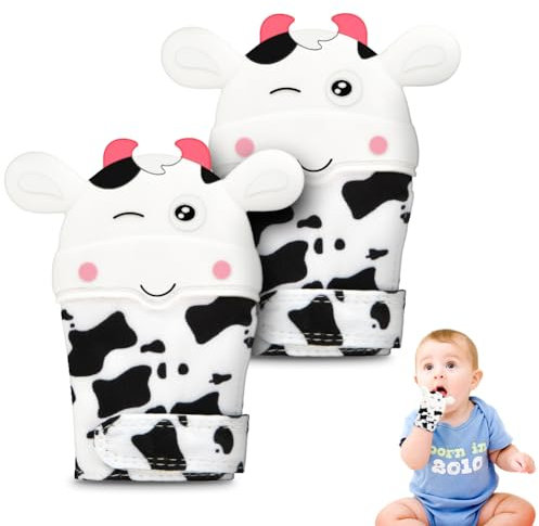 HOTUT Baby Beißhandschuhe, 2 Stück Beißringe Baby Spielzeug, BPA-frei, Tiermotive, Sensorische Fäustling Beißspielzeug Zahnungshilfe, Zahnen & Greifling für 0-6 Monate Babys (Weiß-Kalb)