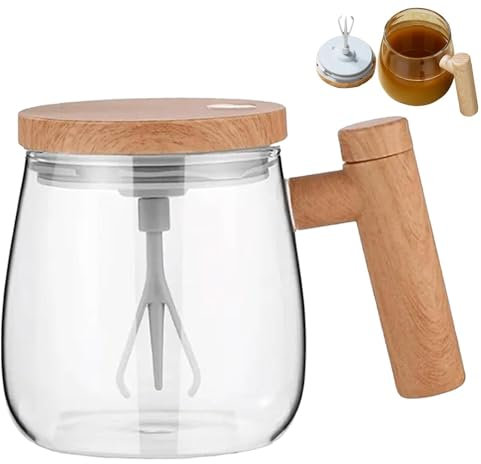Sel'f Stirring Mug with Lid Auto High Speed Mixing Cup - 400ml Electric Stirring Coffee Mugs with Wooden Handle, 7000rpm High Speed Rotating Sel'f Mixing Borosilicate Glass Coffee Mug for Home,Offices