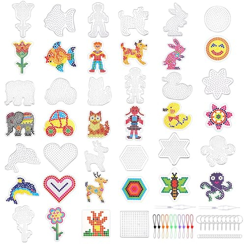 Pmueuff 20 Plantilla de Placas de Cuentas, 5MM Pegboards de Perlas de Planchar con 20 Tarjetas de Colores, 4 Pinzas, 10 Cuerda Colgante Soportes de Cuentas para Planchar para Manualidades Infantiles
