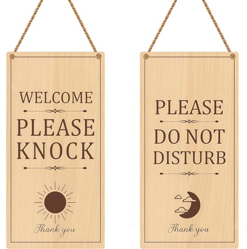 Tivleed Do Not Disturb Door Sign - Reversible Effect Acrylic Plaque with Sun & Moon Design, 'Welcome Please Knock' & 'Meeting in Session' Notices (20x10cm) - No Drill Hanger for Office, Home, Therapy