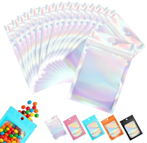 Mylar Bags 12 x 20 cm, sacchetto in Mylar richiudibile, inodore, per alimenti, caramelle, gioielli, feste, 60 pezzi, argento