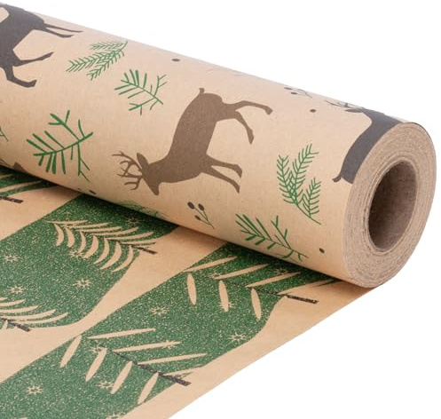 Toptime Geschenkpapier Weihnachten Rolle, Wendbares Weihnachtsgeschenkpapier mit Weihnachtsbaum Rentier, Vintage Braun Kraftpapier Geschenkpapier Rolle für Weihnachten Neujahr Geburtstag, 1000 x 43CM