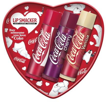 Lip Smacker Coca-Cola Heart Läppbalsam Set, 3 Läppbalsam för barn med original Coca-Cola-smak, transparent och återfuktande formula
