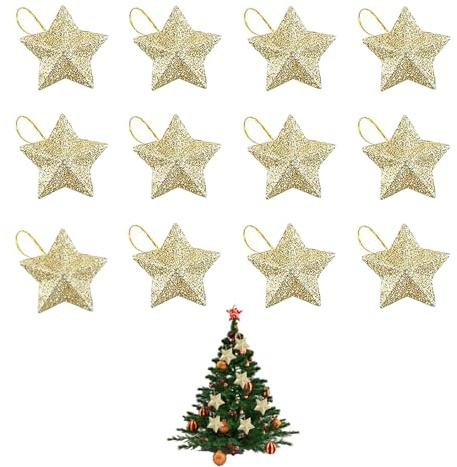 12 Weihnachtsdeko Gold,45x45mm Kleiner Stern Weihnachten Deko,Christbaumschmuck,Weihnachtsbaumschmuck Gold Stern,Weihnachtsschmuck Glitzer Sterne Anhänger für Kamin,Fenster,Tischdeko,Hochzeit (Golden)