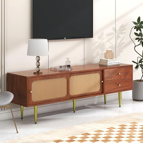 OUNICE Meuble TV élégant avec Portes coulissantes en rotin et tiroirs Pratiques, Meuble télé Noyer avec rotin en Plastique foncé, 160x40x60cm